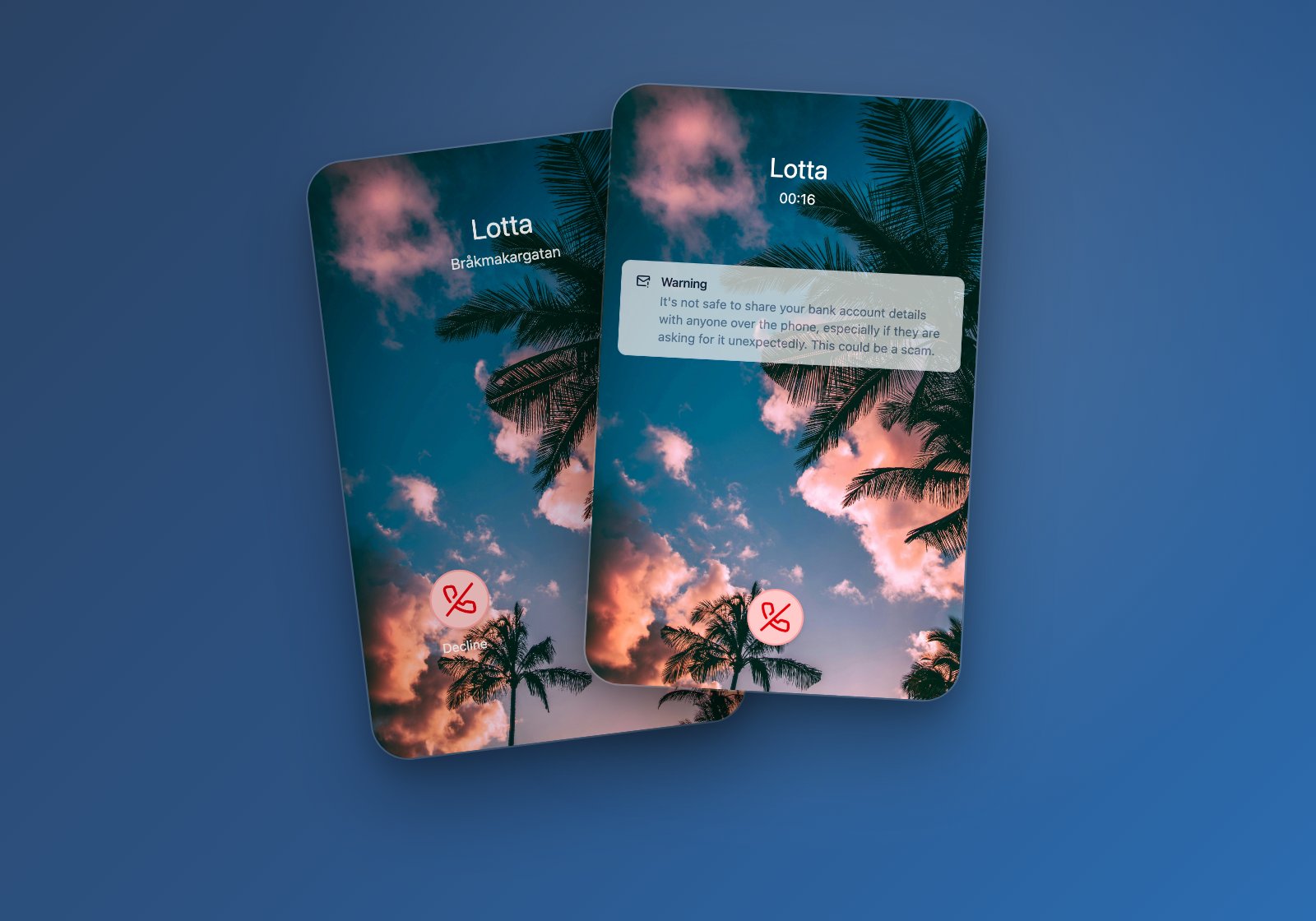 Two CalliQ phone screens, an incoming call from Lotta and an in-call warning not to share bank account details over the phone.