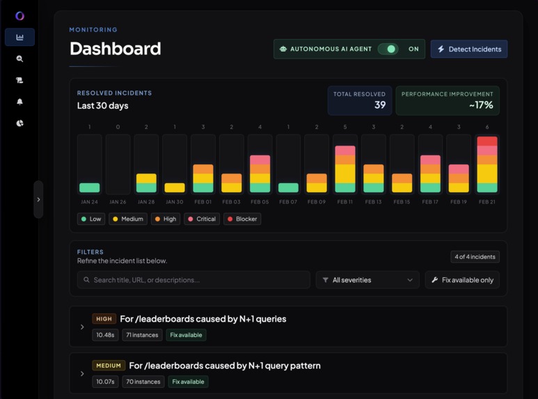 Optimera's hackathon dashboard showing slow leaderboard queries, proposed fixes, and a summary chart populated with demo data.