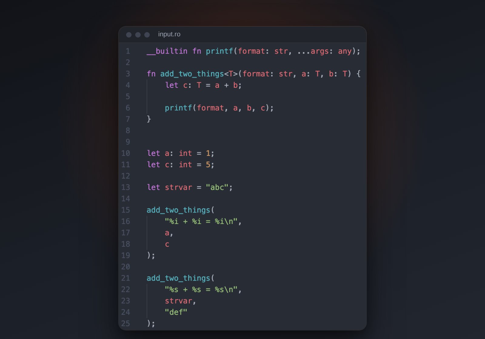 Rost code in VS Code with syntax highlighting, defining a generic function and calling it with integers and with strings.